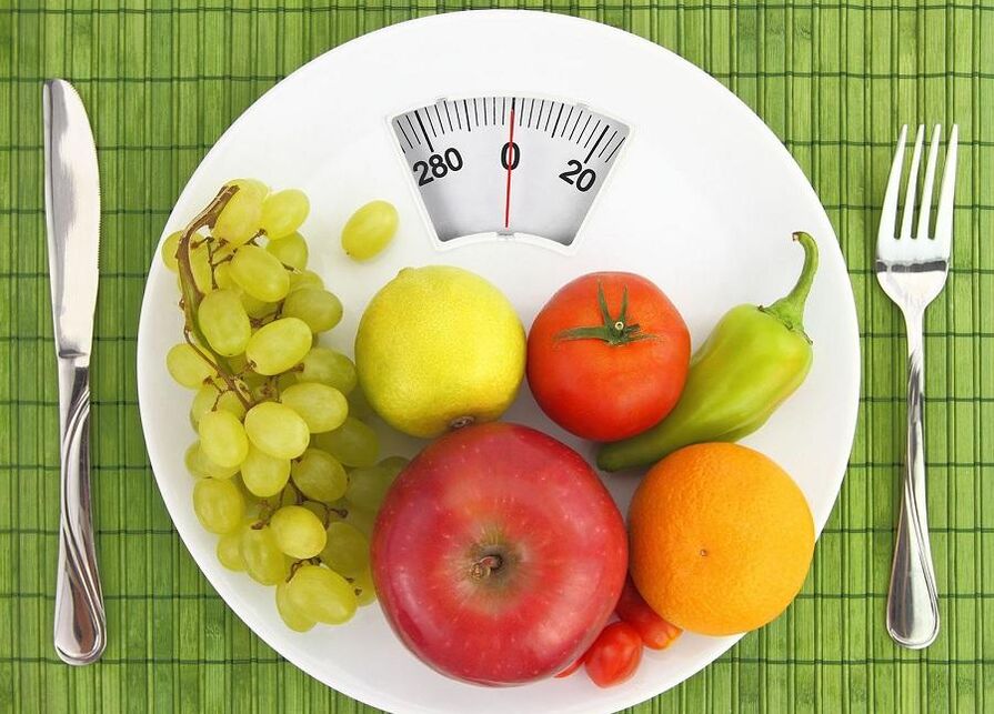 Fruits and vegetables on scale